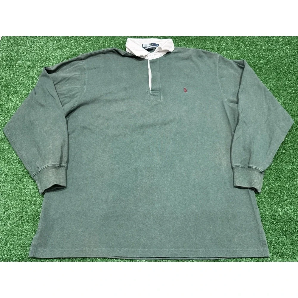 Vintage Polo Ralph Lauren Rugby Shirt Mens Large 90s Green Cotton